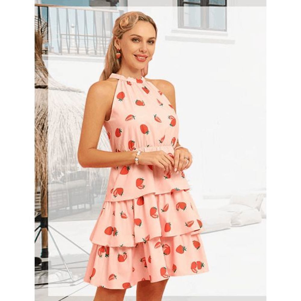 🍓 Strawberry Girly Cute Halter Neck Tiered Layered Ruffle Pink Mini Dress NWT - Picture 7 of 16